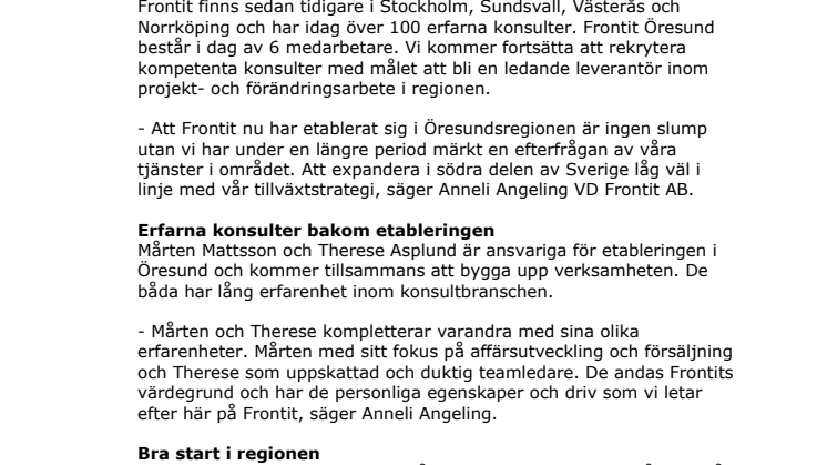 Frontit fortsätter växa och etablerar sig i Öresundsregionen