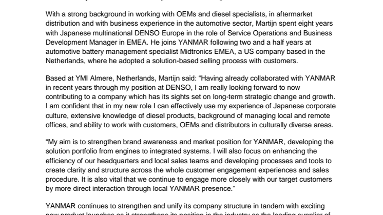 YANMAR MARINE INTERNATIONAL Appoints New Global Sales Manager