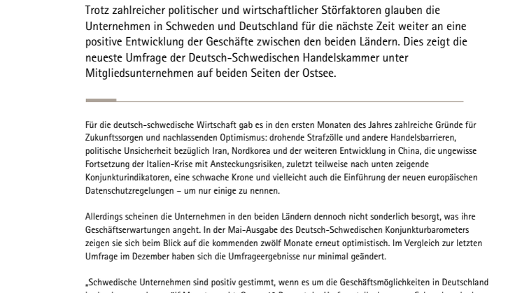 Deutsch-Schwedisches Konjunkturbarometer Mai 2018: Unternehmen weiter optimistisch – trotz deutlicher Risiken 