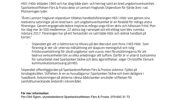 Lennart Haglunds stipendium till H65 Höör