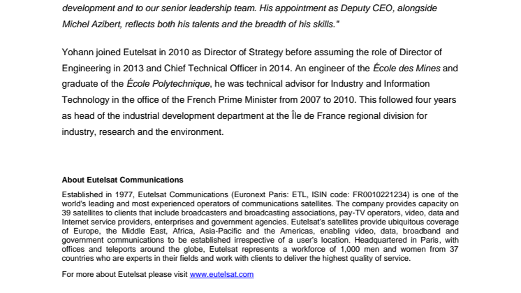 Yohann Leroy appointed Deputy CEO of Eutelsat Communications