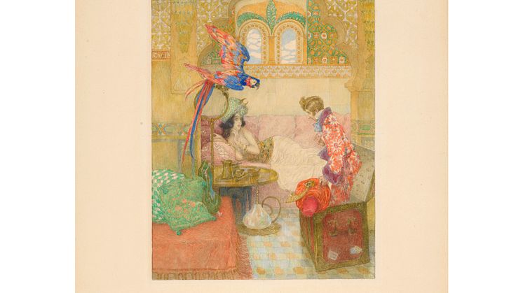 ORIGINAL WATERCOLOR FOR ANDERSEN'S THE FLYING TRUNK. LEFLER, HEINRICH. 1863-1919. Original watercolor on board, for Andersen's The Flying Trunk ('Der fliegende Koffer') from 1911 Andersen-Kalendar, Zwölf Marchen.jpg