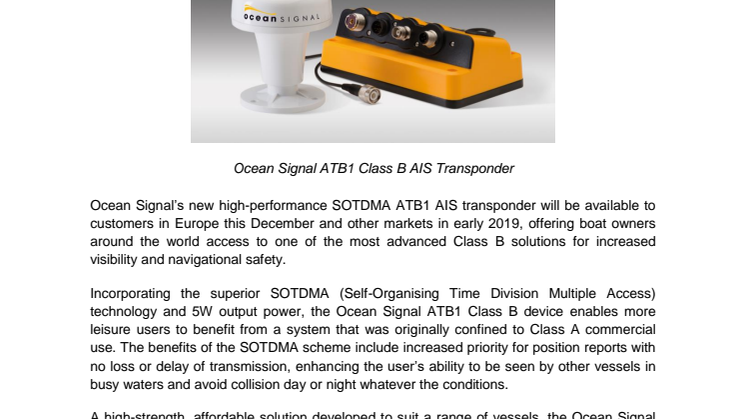 Ocean Signal SOTDMA ATB1 Class B AIS Transponder Available to Customers