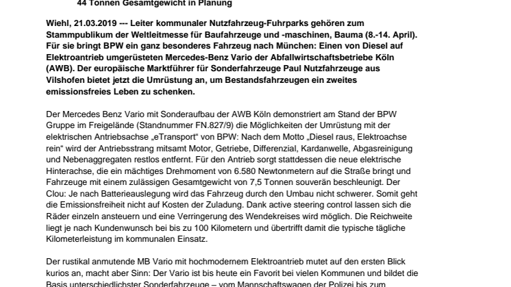 BPW zeigt zur Bauma elektrisch umgerüsteten Transporter der Abfallwirtschaftsbetriebe Köln 