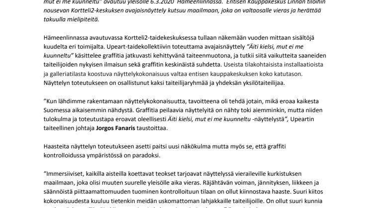 “Äiti kielsi, mut ei me kuunneltu” – Graffitia kehittyvänä taiteenmuotona peilaava näyttely avautuu Hämeenlinnan Kortteli2-keskuksessa