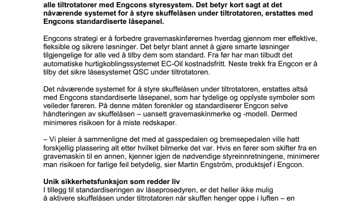 Engcons nye standardisering gjør gravingen sikrere  – QSC låsesystem blir Engcons neste kostnadsfrie standard    