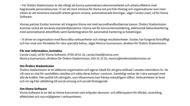 Molnbaserat affärssystem från Visma ger Örebro Stadsmission en smart start
