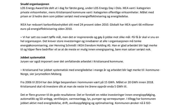 Vant LOS Energy Award: IKEA og Kristiansand best på energisparing