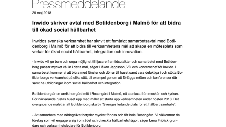 Inwido skriver avtal med Botildenborg i Malmö för att bidra till ökad social hållbarhet