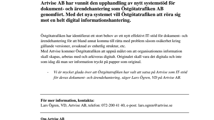 Artvise får order från Östgötatrafiken värd 4Mkr!