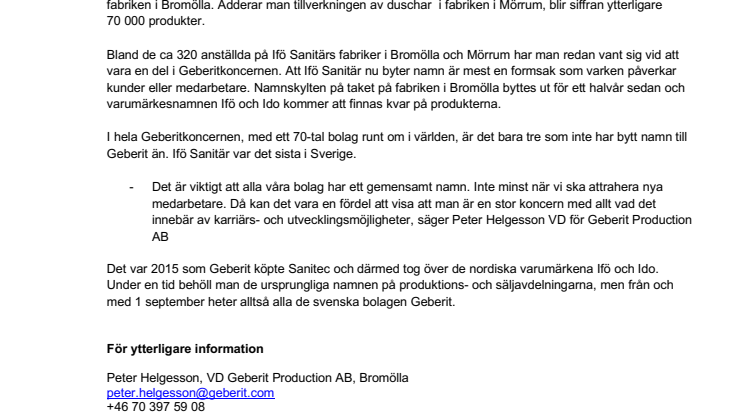 Sista pusselbiten klar när Ifö Sanitär AB byter namn till Geberit Production AB