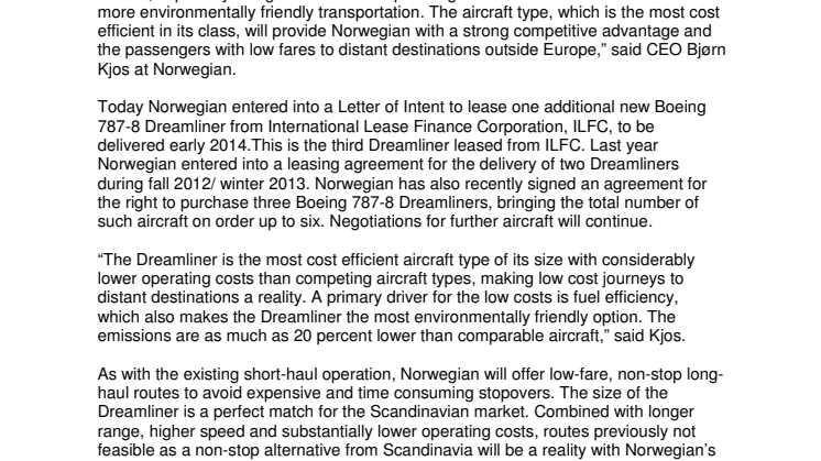 Norwegian increases long haul fleet to six Dreamliners