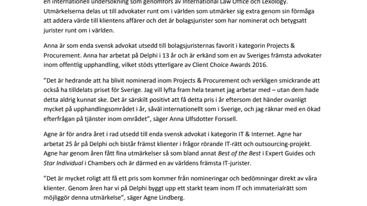 Delphi bolagsjuristernas favorit i Client Choice Awards 2016