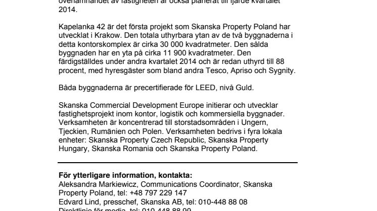 Skanska säljer kontorsprojekt i Krakow, Polen, för cirka 263 miljoner kronor