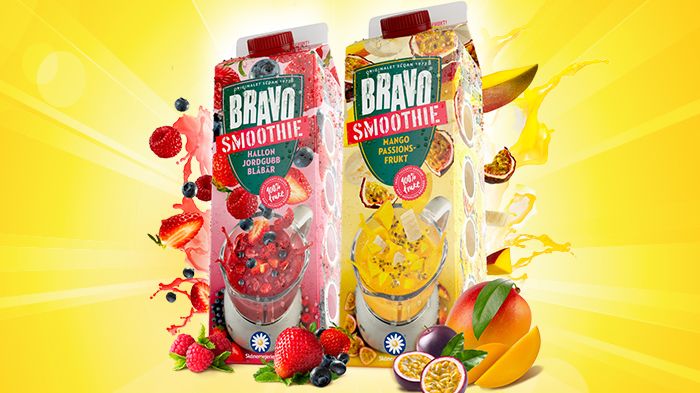 Bravo Smoothie i de två smakerna Hallon/Jordgubb/Blåbär och Mango/Passionsfrukt.