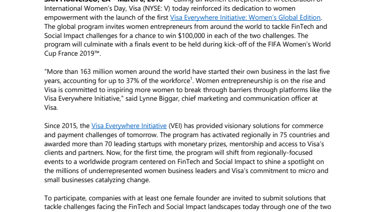 Visa nostaa esiin naisyrittäjiä  - Visa Everywhere Initiative: Women’s Global Edition -kilpailussa jaetaan  kaksi 100 000 dollarin palkintoa naisten perustamille yrityksille. 