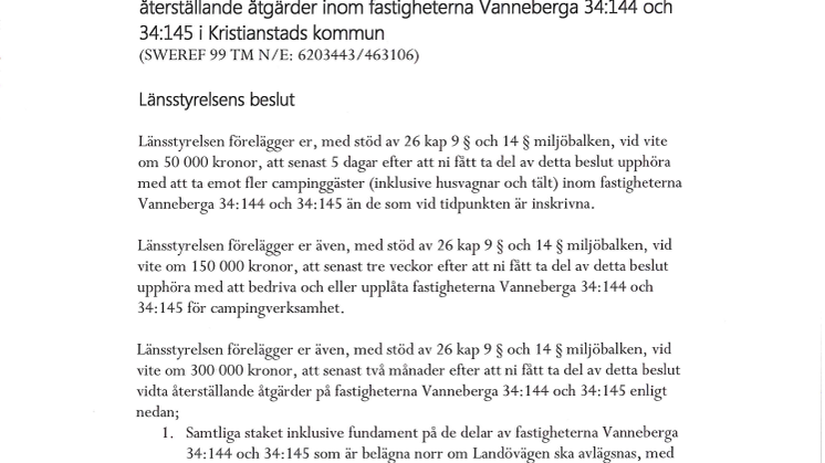 Länsstyrelsen Skånes föreläggande till Kristianstads kommun om Landöns camping 130328