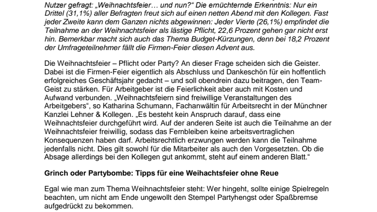 ​Jobs.de Umfrage “Alle Jahre wieder: Weihnachtsfeier”: Fast jeder Zweite hat keine Lust auf Glühwein mit Kollegen