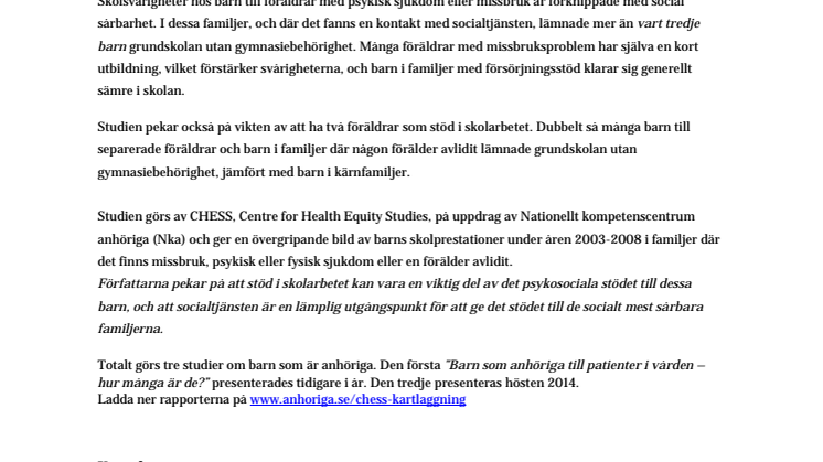  Ny studie visar att skolsvårigheter är vanliga hos barn till föräldrar som missbrukar eller har psykisk sjukdom