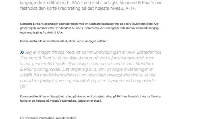 Standard & Poor's har opgraderet KommuneKredits kreditrating til AAA