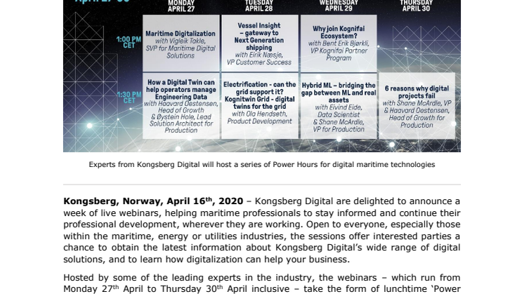 Kongsberg Digital to host a webinar week, with Power Hours on key topics for digital maritime technologies
