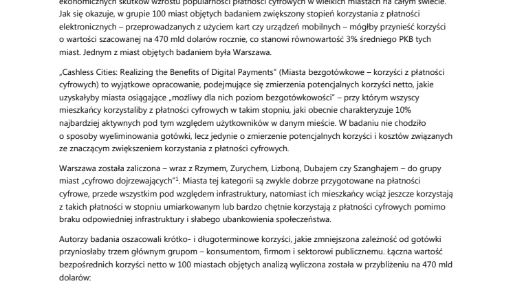 Co globalne miasta, w tym Warszawa, mogą zyskać dzięki rozwojowi płatności bezgotówkowych? Visa prezentuje wyniki ogólnoświatowych badań