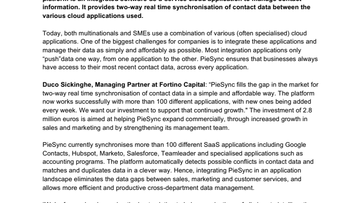   Fortino Capital invests in intelligent synchronization platform PieSync 