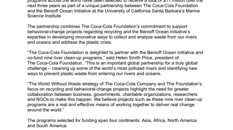 ​Coca-Cola Säätiö ja Benioff Ocean Initiative käynnistävät jokien puhdistusprojektin yhdeksässä maassa