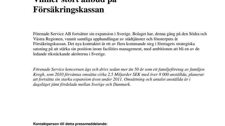 Förenade Service AB vinner stort anbud på Försäkringskassan