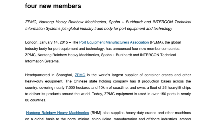 Port Equipment Manufacturers Association welcomes four new members