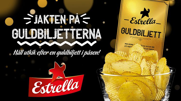 Jakten på guldbiljetter börjar nu! Totalt 10 guldbiljetter fördelas mellan chipssmakerna Salt, Grill och Sourcream & Onion 275g. Följa jakten på www.estrella.se/guldbiljetten eller @EstrellaSverige på Instagram och Facebook