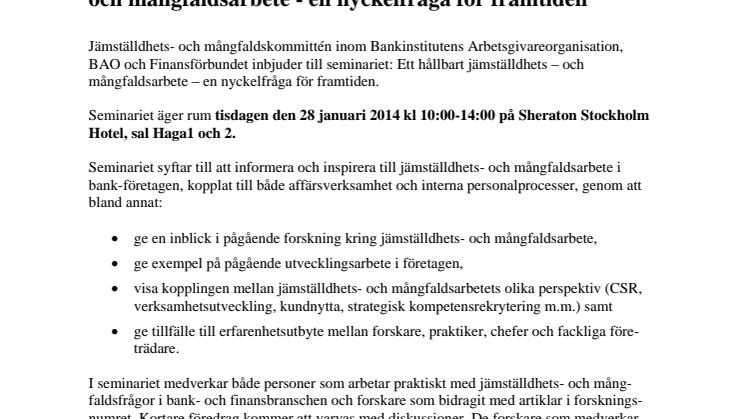 Pressinbjudan till seminariet: Ett hållbart jämställdhets- och mångfaldsarbete - en nyckelfråga för framtiden
