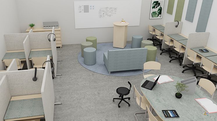 3D-bilden föreställer en möblering enligt Elmemodellen med möbler och inredning från Lekolar skapad av Lekolars inredningsarkitekt.