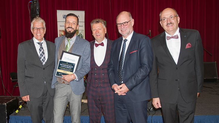 v.l.n.r.: Dieter Hütte (TMB), Benjamin Barthelt (Hermanns Restaurant), Olaf Schöpe (pro gastra Gastgewerbe), Martin Linsen (MWE), Olaf Lücke (DEHOGA Brandenburg). Foto: Yvonne Fischer Fotografie.     