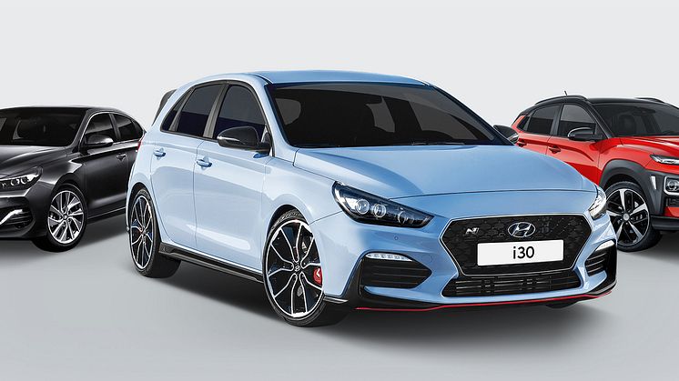 Her er Hyundais tre nyheter på bilmessen i Frankfurt 2017. Fra venstre i30 Fastback, i30N og KONA