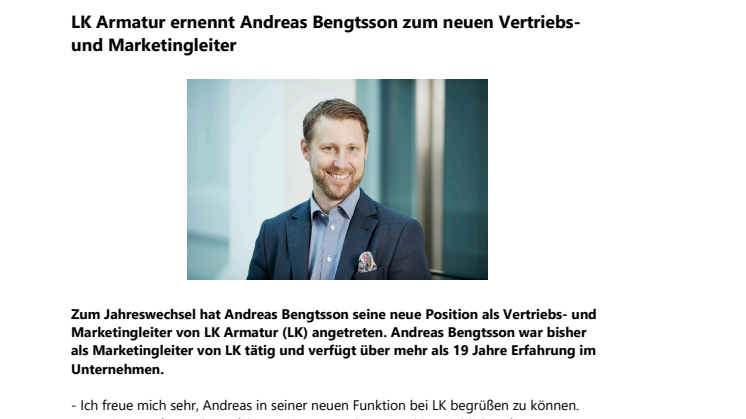 LK Armatur ernennt Andreas Bengtsson zum neuen Vertriebs- und Marketingleiter