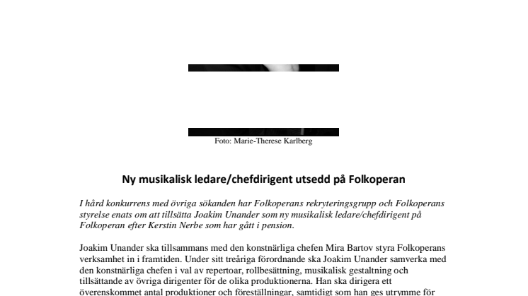 Ny musikalisk ledare/chefdirigent utsedd på Folkoperan