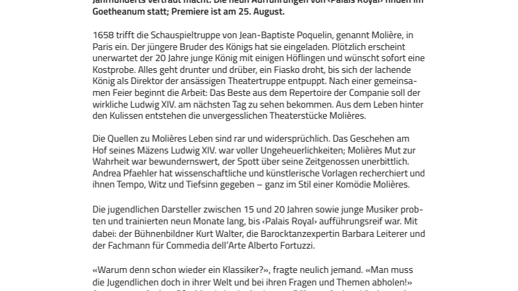Das Beste aus Molières Komödien am Goetheanum. Junge Bühne spielt ‹Palais Royal› unter Leitung von Andrea Pfaehler