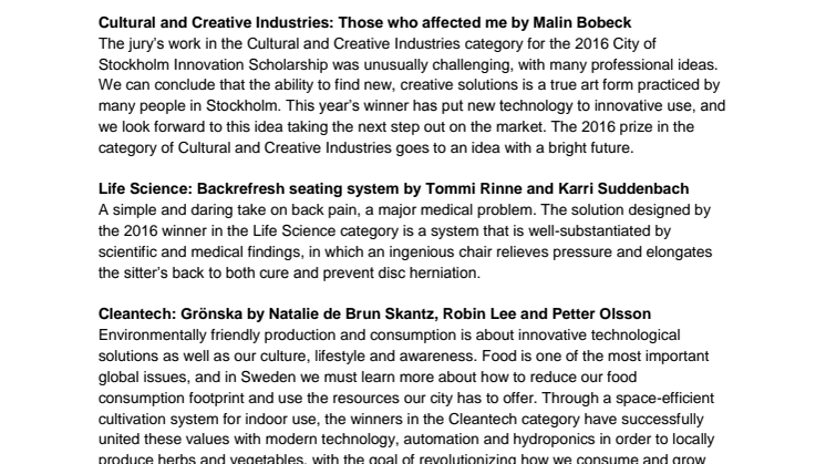 Winners of Stockholm Innovation Scholarship - Motivations