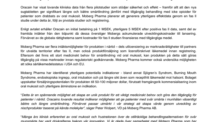 MOBERG PHARMA FÖRVÄRVAR GLOBALA RÄTTIGHETER TILL EN INNOVATIV TOPIKAL FORMULERING FÖR BEHANDLING AV SMÄRTA I MUNHÅLAN