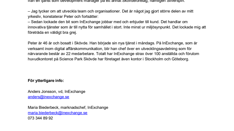 Peter ny utvecklingschef på InExchange