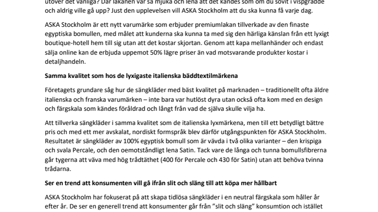 ASKA Stockholm – Nytt varumärke som tar lyxhotellens lakan hem till dig