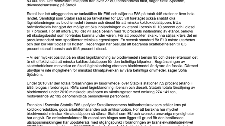 Statoils försäljning av E85 ökade under 2010