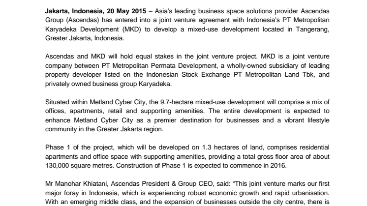 Ascendas and Metland Karyadeka to jointly develop a mixed-use project in Tangerang, Greater Jakarta, Indonesia