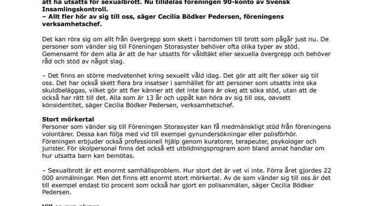 Föreningen Storasyster har beviljats 90-konto