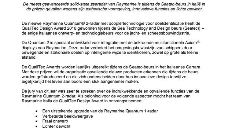 Raymarine: Quantum® 2 wint de QualiTec Design Award 2018 