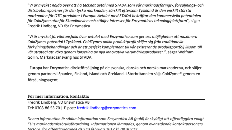 Enzymatica ingår samarbetsavtal med STADA Arzneimittel AG