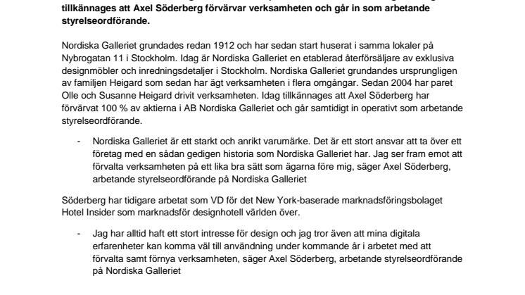 Axel Söderberg förvärvar möbelbutiken Nordiska Galleriet 