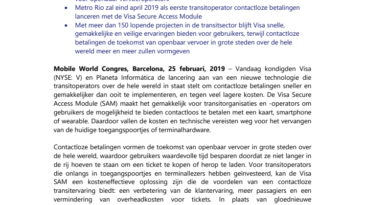 Visa en Planeta Informática lanceren nieuwe technologie die snelheid, veiligheid en gebruiksgemak van contactloze betalingen biedt aan transitoperators over de hele wereld