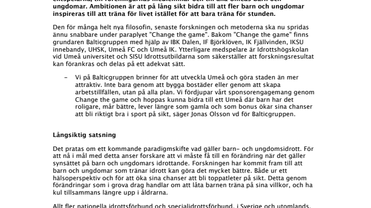 Balticgruppen initiativtagare till en Sverigeunik satsning på barn och ungdomars idrottande
